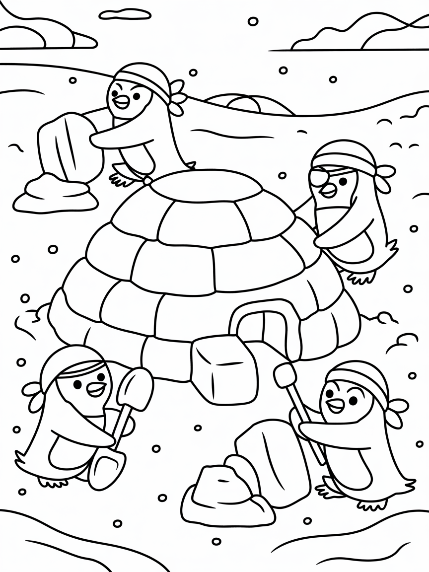 Pirate penguins building winter igloos - Free Coloring Page