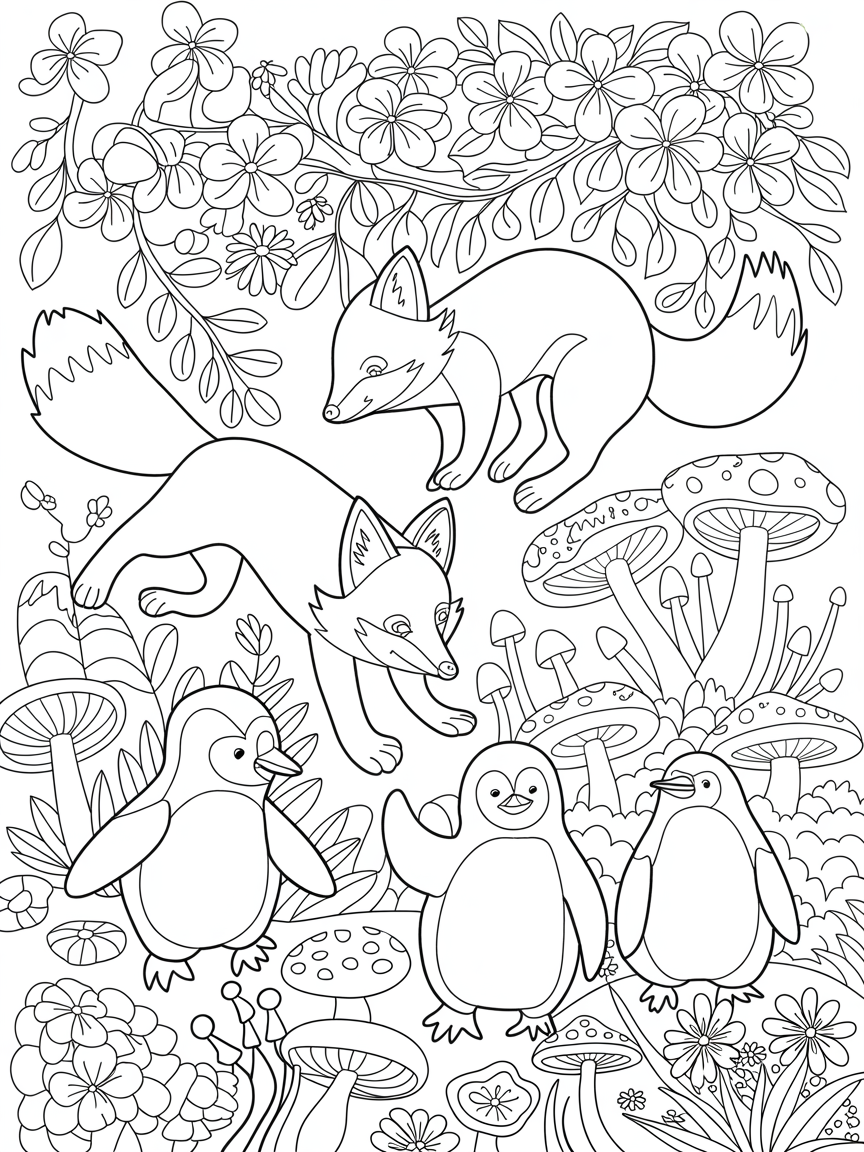Foxes and penguins surrounded by plumerias and mushrooms - Free Coloring Page