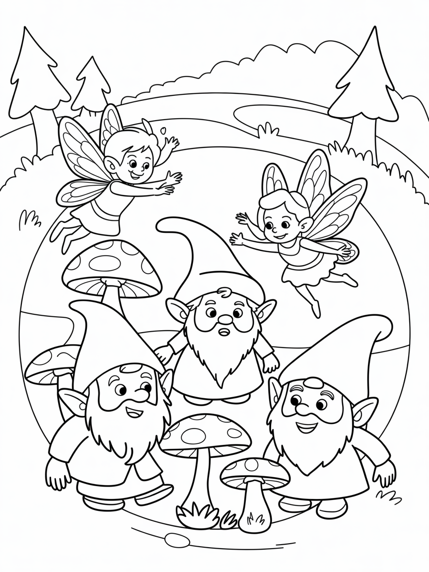 Fairys, toadstool, forest gnomes - Free Coloring Page