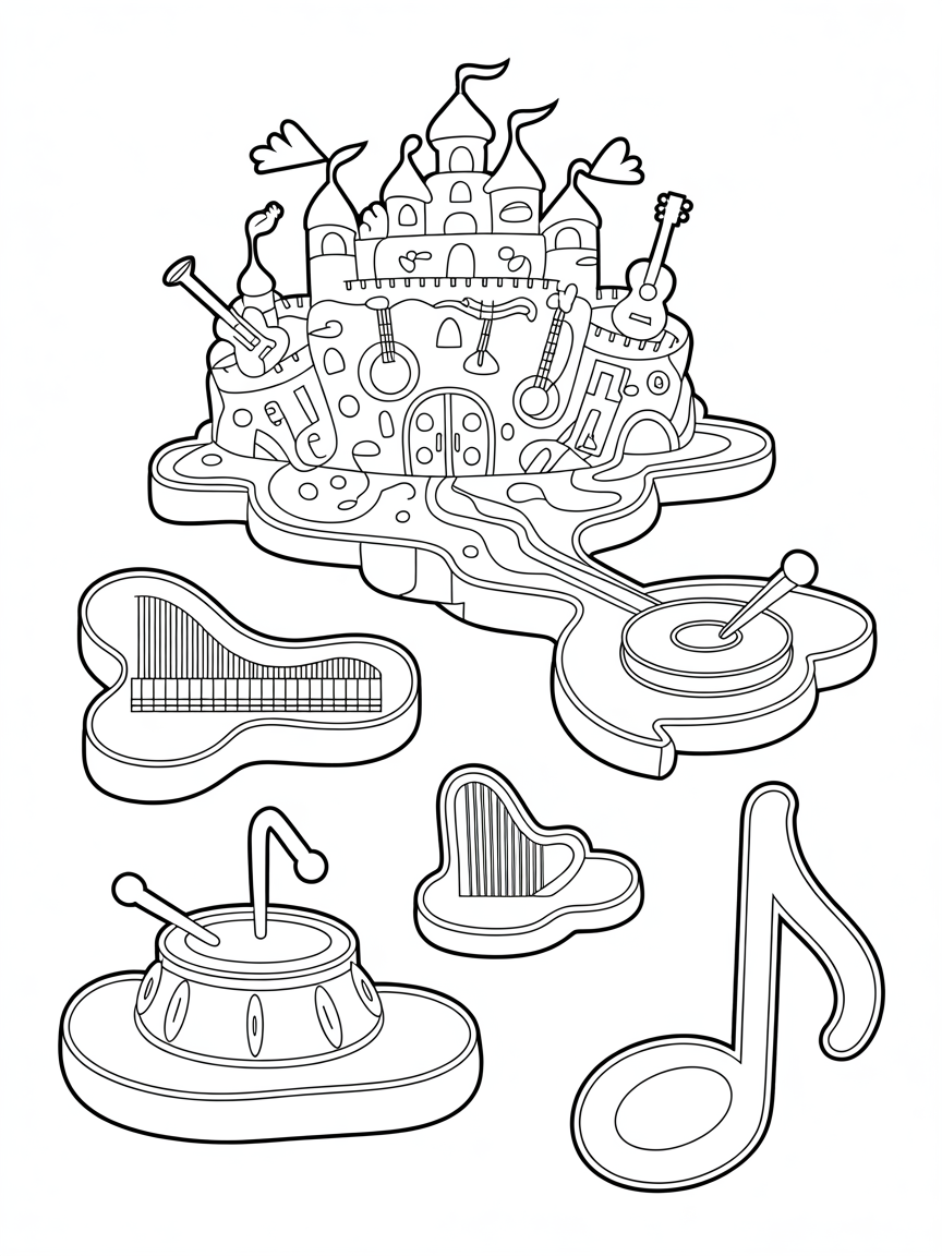 An island with a musically themed kingdom in the sky - Free Coloring Page