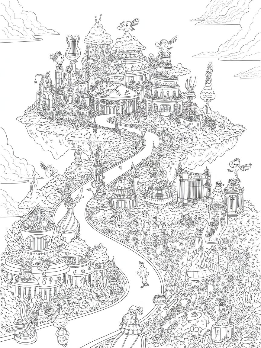 A musically themed kingdom on an island in the sky - Free Coloring Page