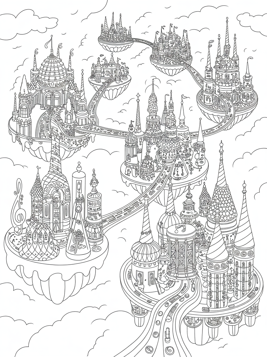 A musically themed kingdom on islands in the sky - Free Coloring Page