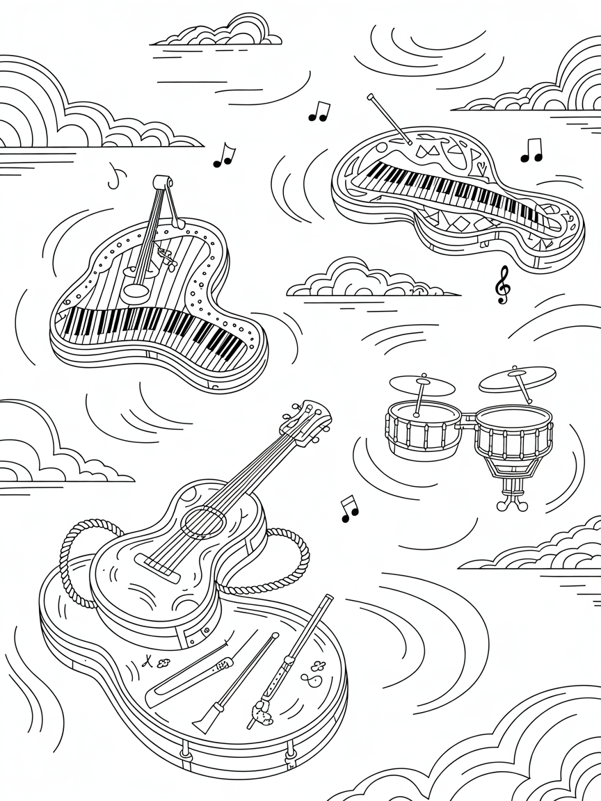 musically themed islands in the sky - Free Coloring Page
