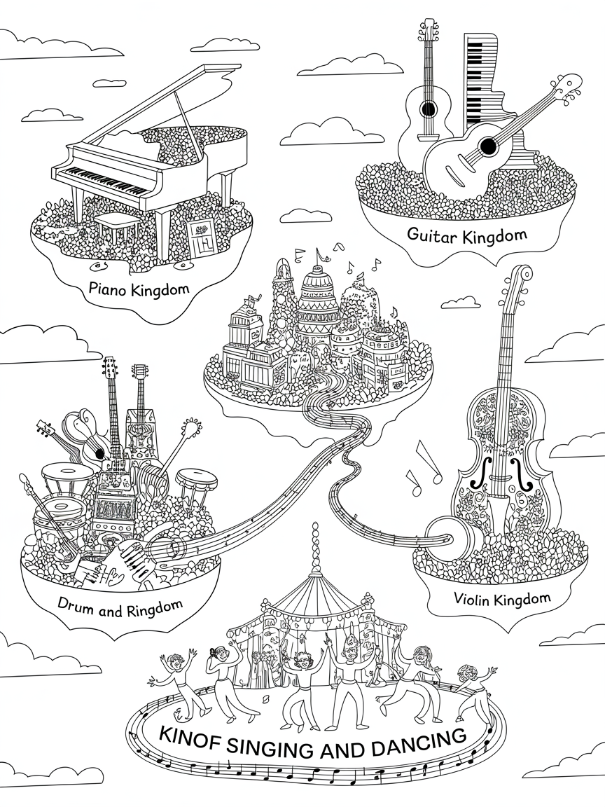 5 islands in the sky. 1 is a piano kingdom, 2 is a guitar kingdom, 3 is a drum and rhythm kingdom, 4 is a violin kingdom. The 5th kingdom is in the middle and connected to the other 4 by bridges made of music notes, and it's a kingdom of singing and dancing. - Free Coloring Page