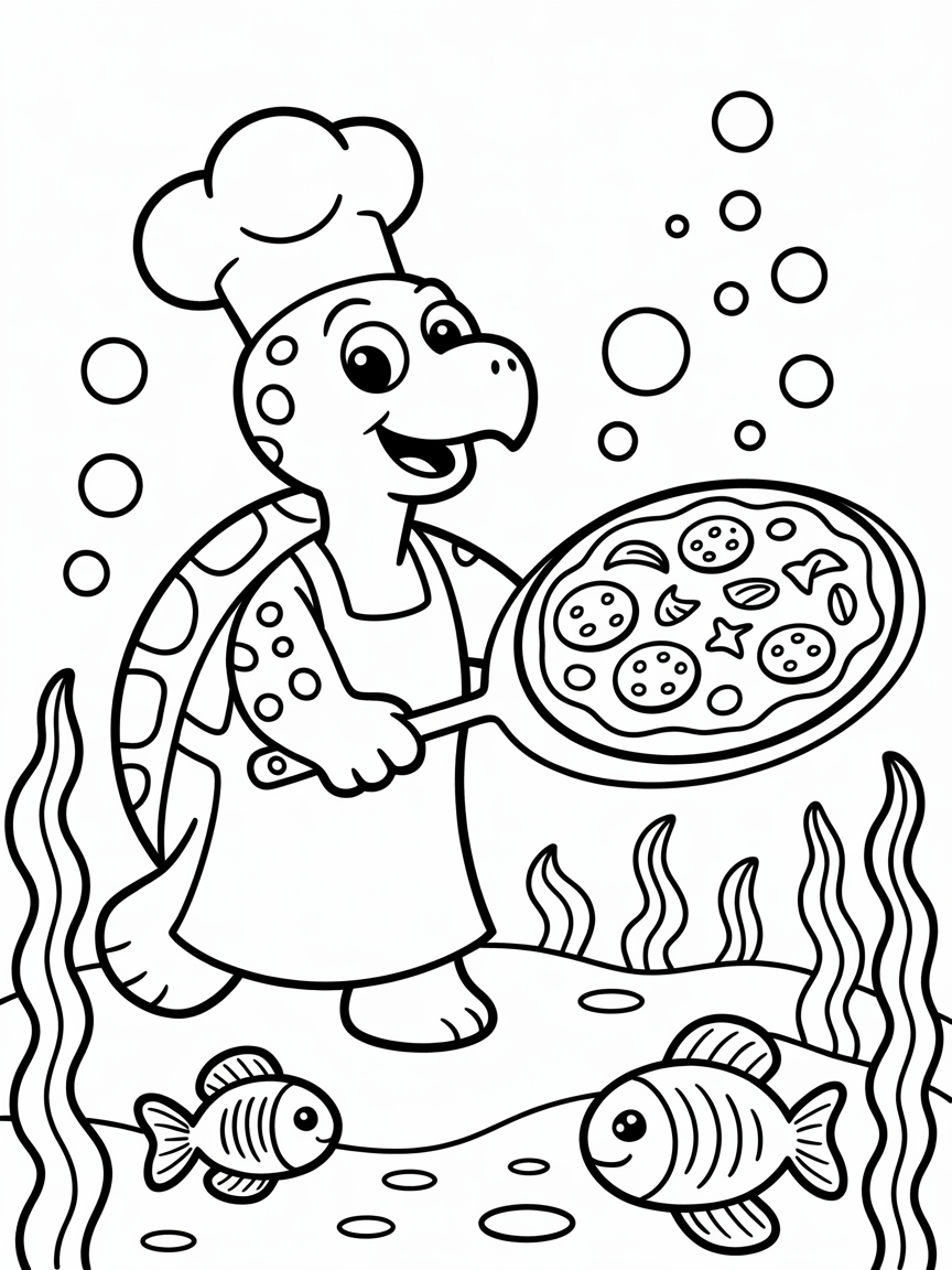 Turtle chef baking pizza underwater - Free Coloring Page