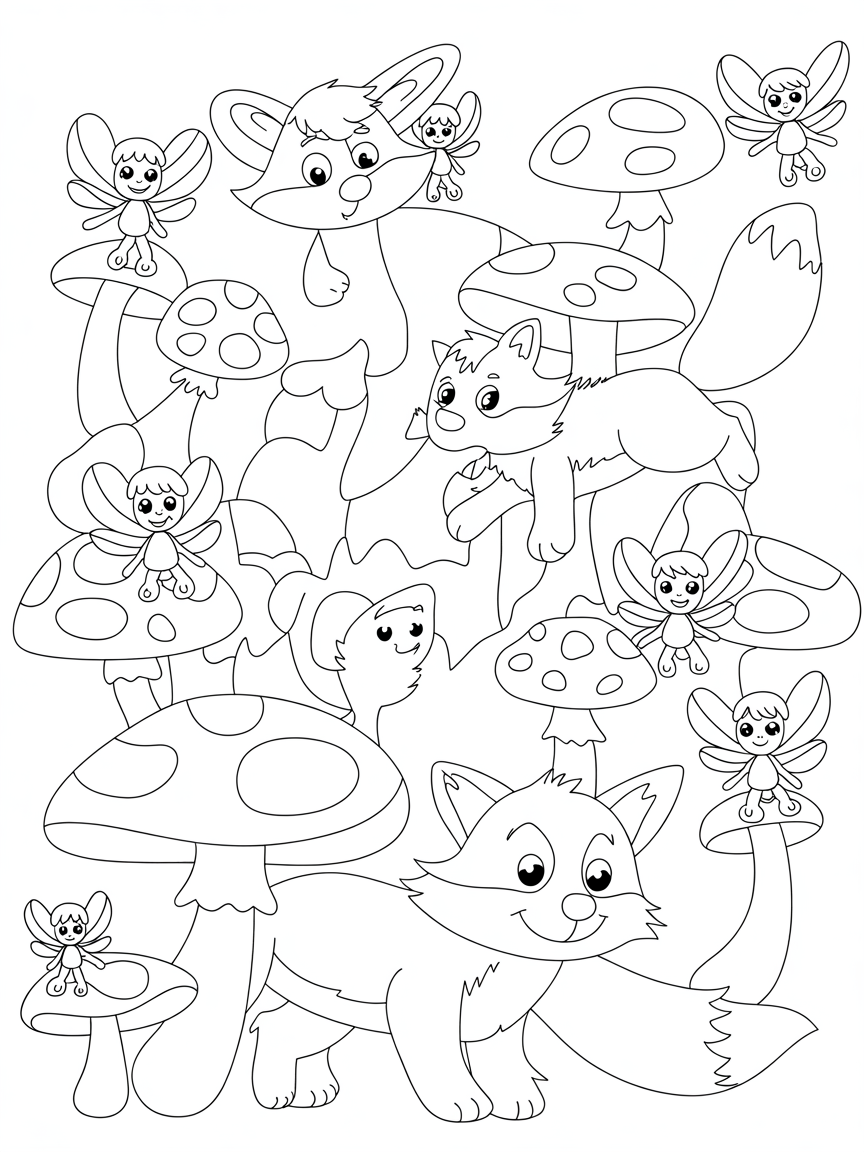 Autumn woodland scene, foxes, toadstools with fairies not too intricate. Easy colouring style - Free Coloring Page