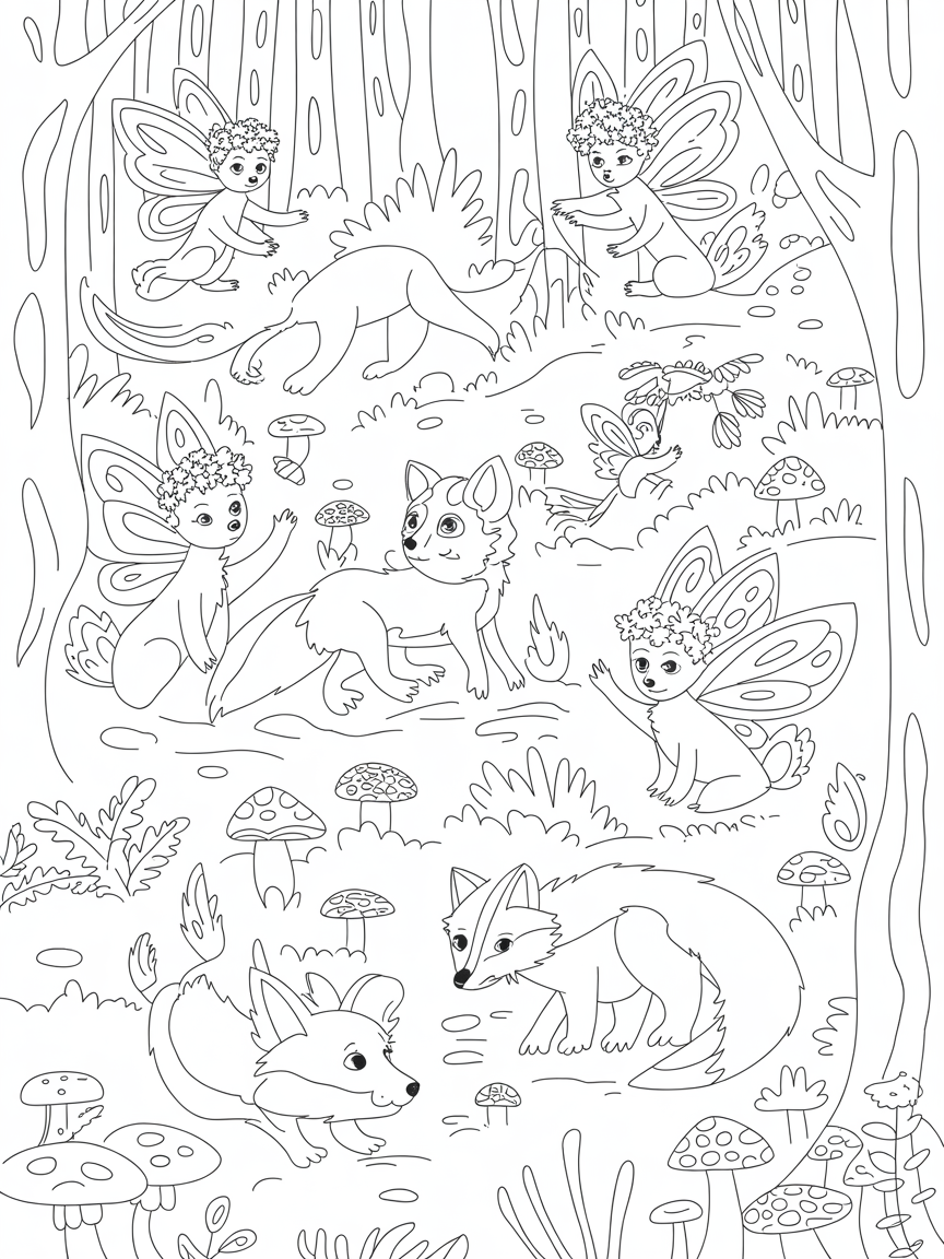 Autumn woodland scene, foxes, toadstools badgers etc with fairies not too intricate. Cute - Free Coloring Page