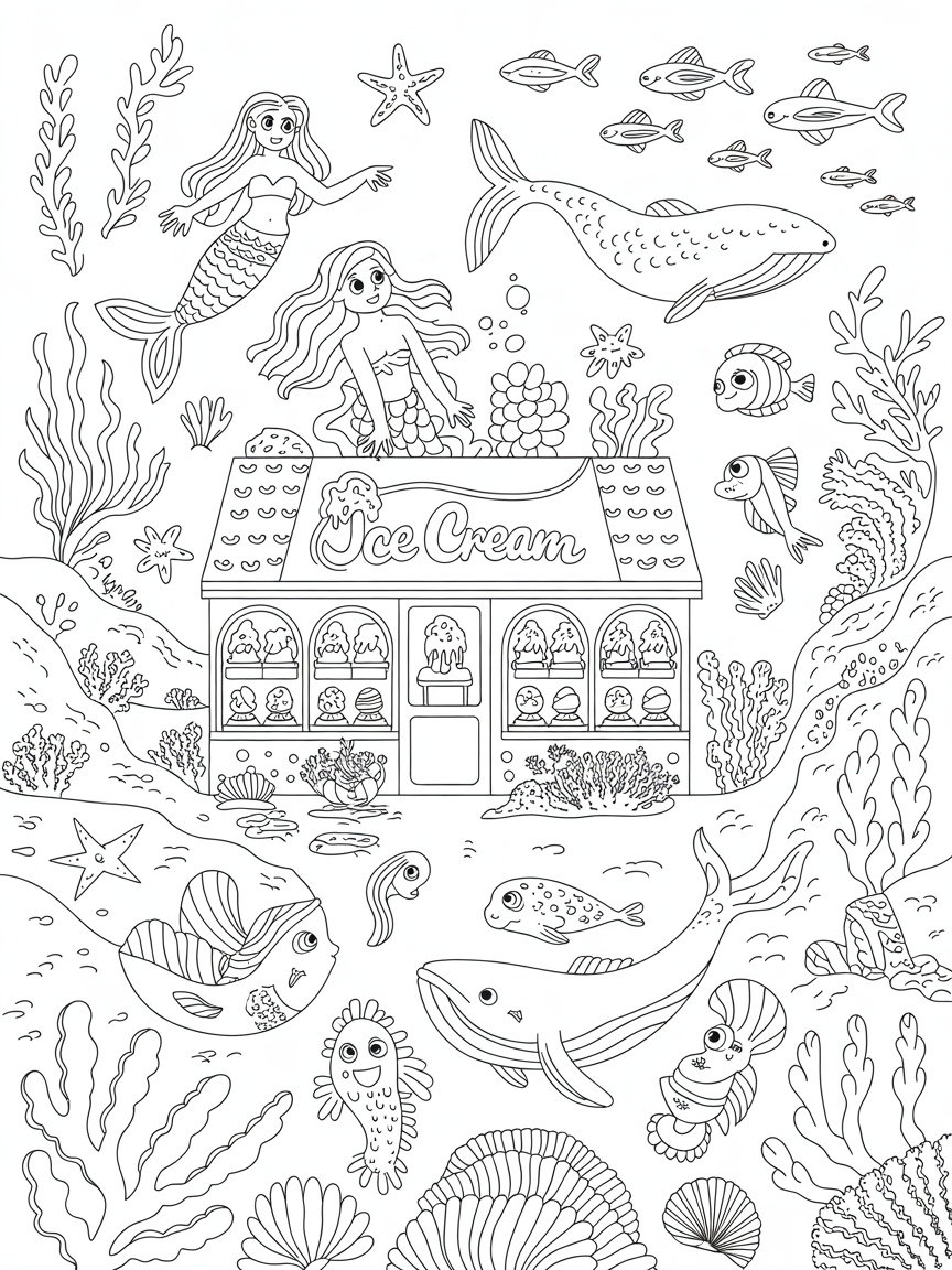 ice cream shop underwater with mermaids and other sea creatures - Free Coloring Page