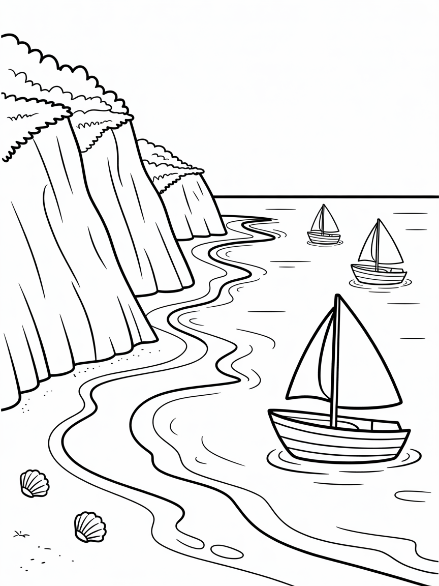 Seascape with cliffs, sandy beach and sailing boats in the distance - Free Coloring Page