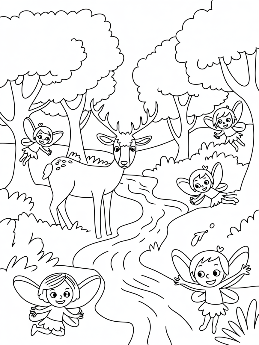 Woodland scene with trees, a stream, a stag and three fairies - Free Coloring Page