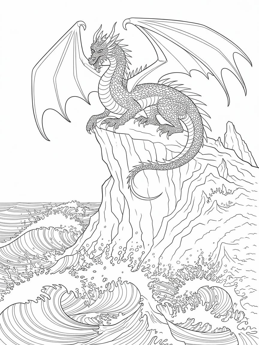 A dragon perches on the top of a high cliff, waves crash against it sending sea spray into the air - Free Coloring Page