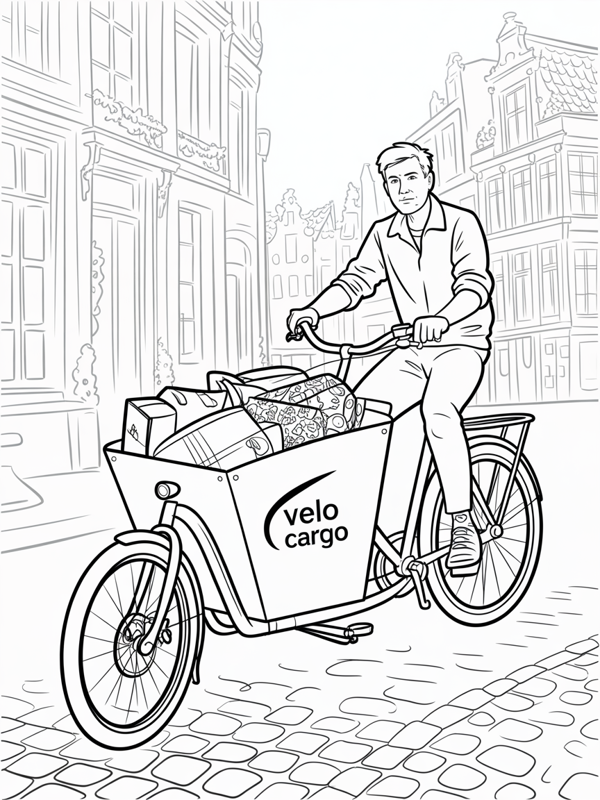 A rider on a bulit cargo bike to deliver parcels in Brussel from the company Velo Cargo - Free Coloring Page