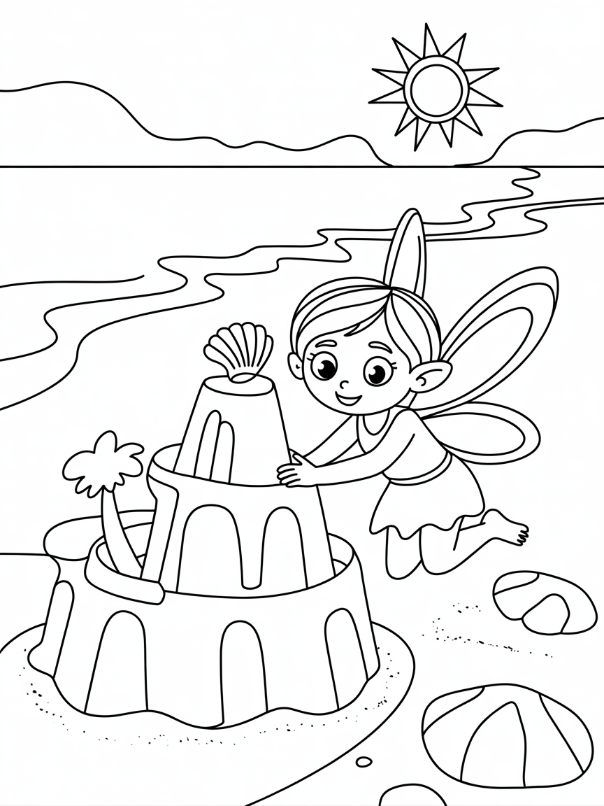 Fairy building a sandcastle beach - Free Coloring Page
