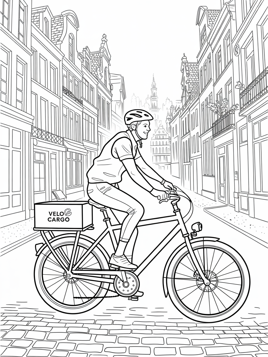 A rider on a bulit-cargo bike to deliver parcels in Brussels from the company Velo Cargo - Free Coloring Page
