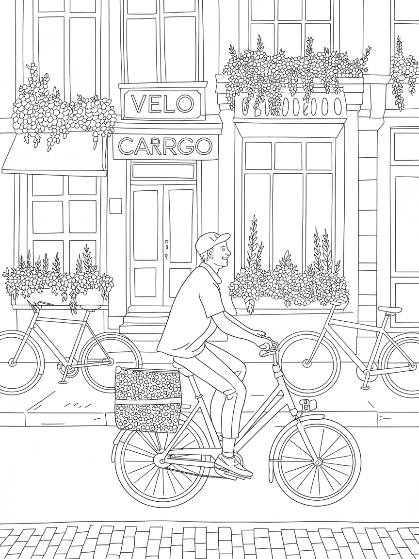 A rider on a cargobike to deliver parcels in Brussels from the company Velo Cargo - Free Coloring Page