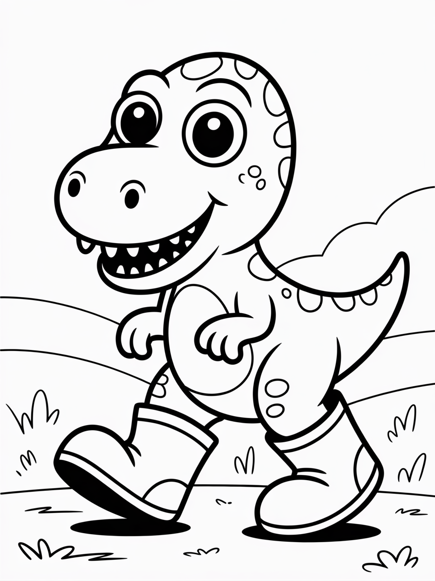 A cross-eyed dinosaur with buck teeth wearing rain boots. - Free Coloring Page