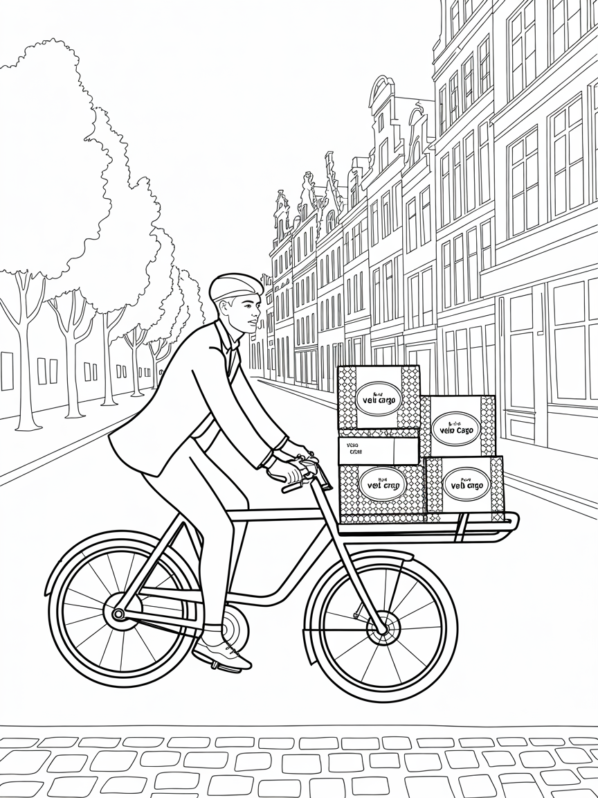 A driver on a bullet type cargobike to deliver parcels in Brussels from the company Velo Cargo - Free Coloring Page