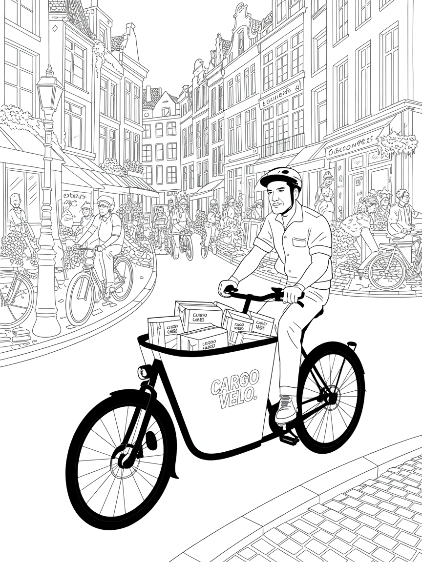A driver on a bullet type cargobike to deliver parcels in Brussels from the company cargo velo - Free Coloring Page