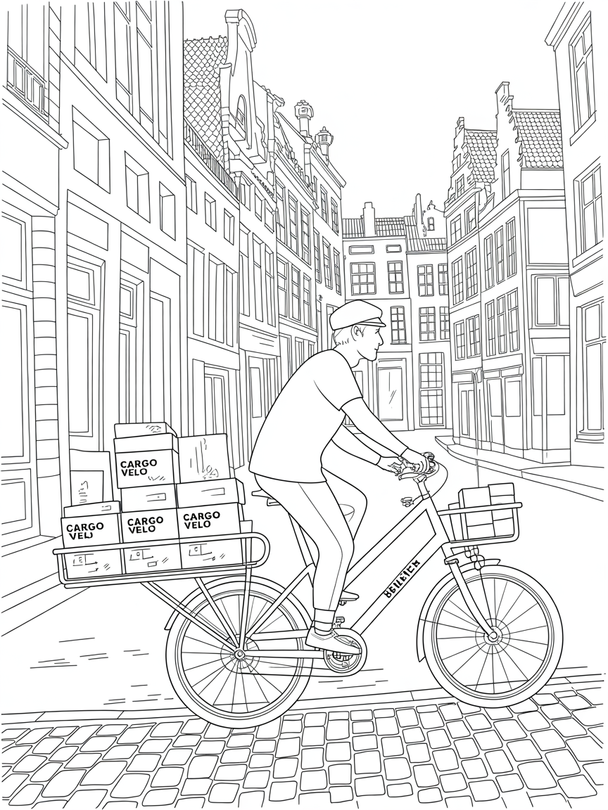 A rider on a bullitt cargobike to deliver parcels in Brussel from the company cargo velo - Free Coloring Page