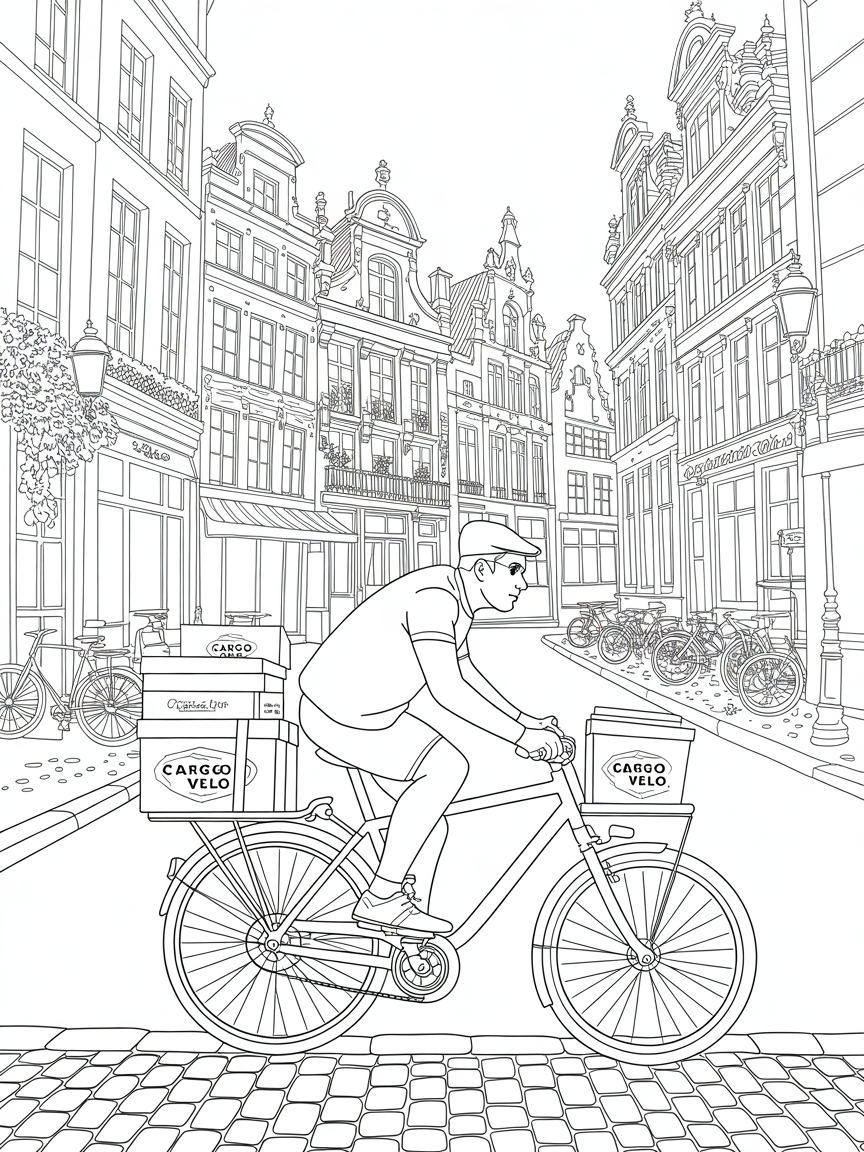 A rider on a bullitt cargo bike to deliver parcels in Brussel from the company cargo velo - Free Coloring Page