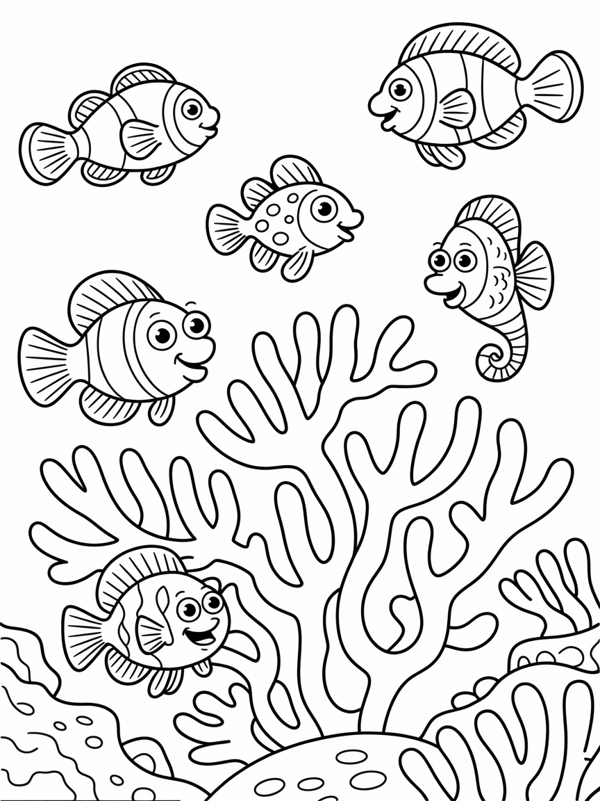 Coral reef and fish - Free Coloring Page