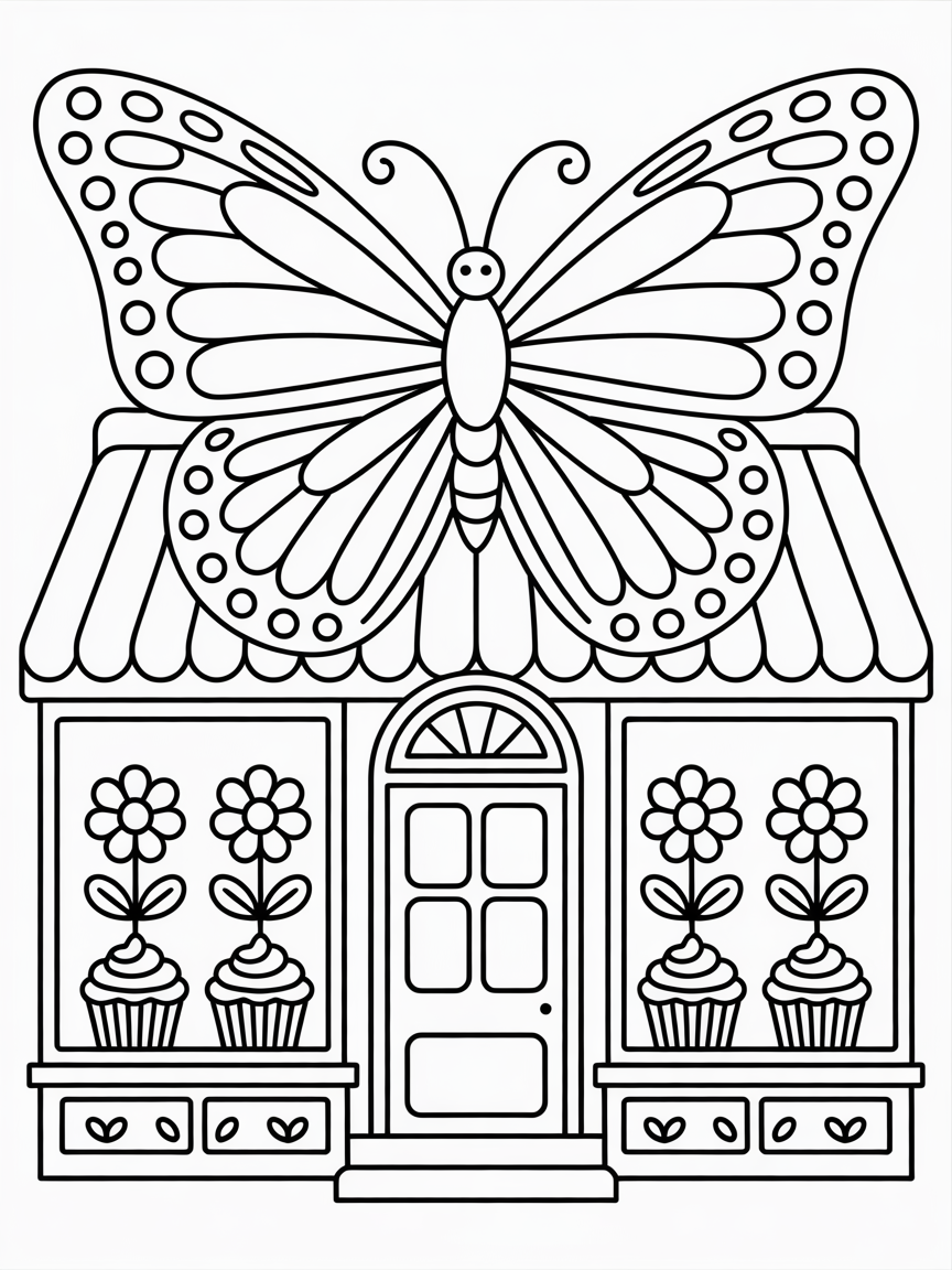 Butterfly bakery with cupcake flowers - Free Coloring Page
