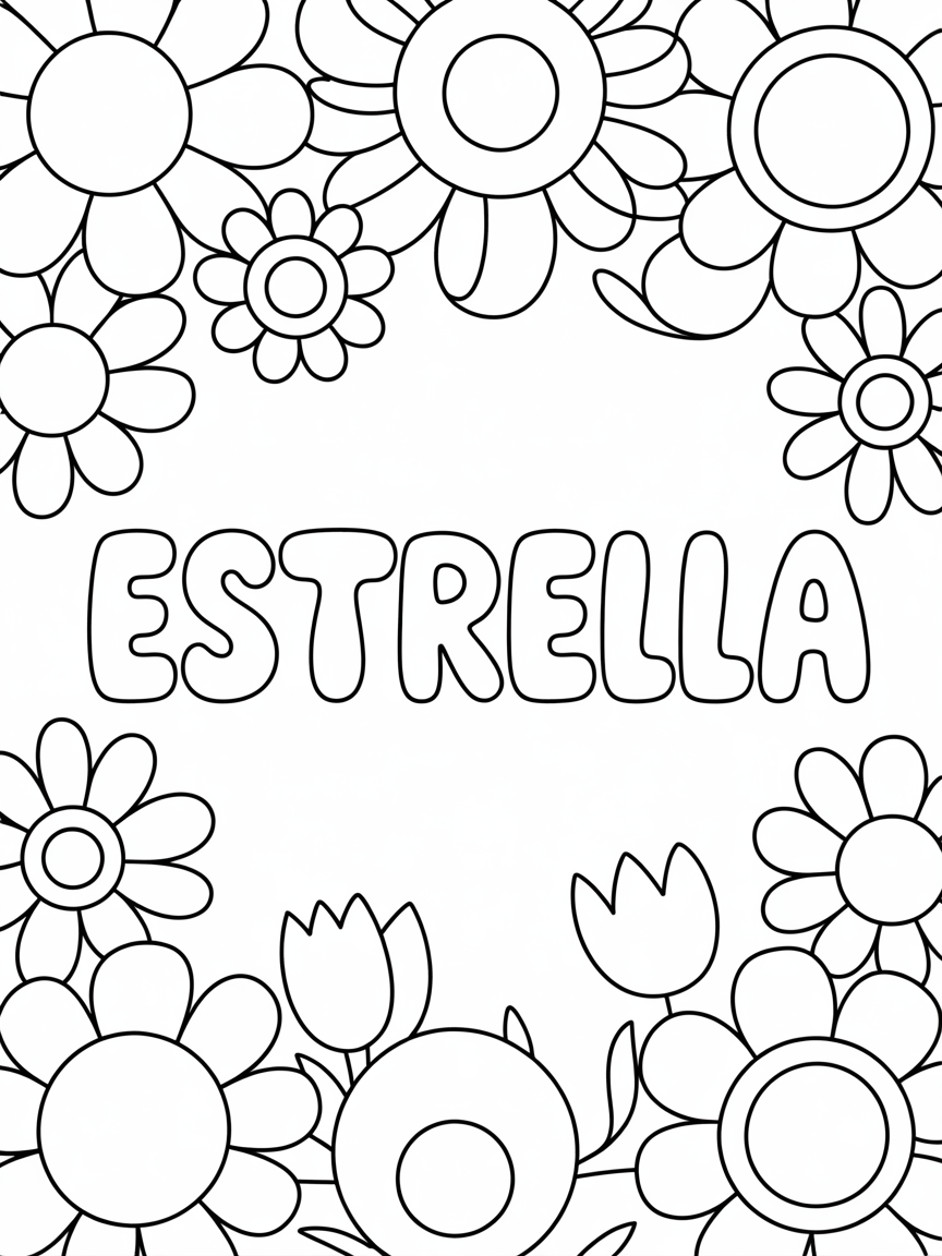 Estrella is the name, i want it in the centre of the page with flowers borders - Free Coloring Page