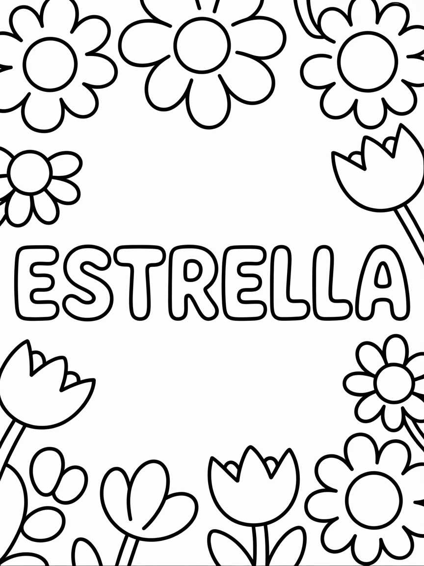 Estrella is the name, i want it in the centre of the page with flowers borders - Free Coloring Page
