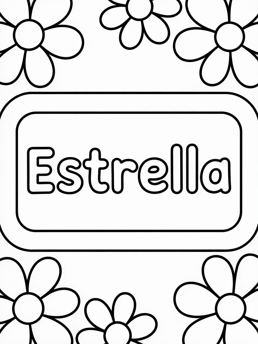 Name tag with Estrella name in the middle with flower border - Free Coloring Page