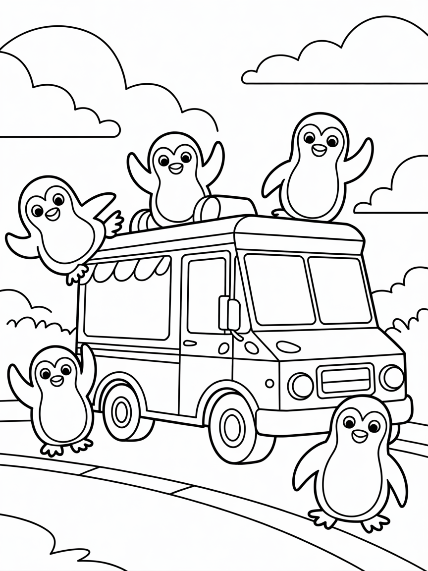 Ice cream truck with dancing penguins - Free Coloring Page