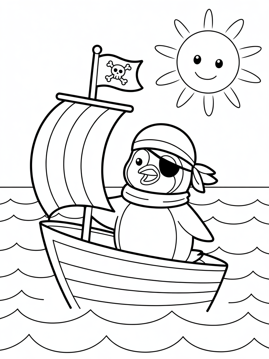 Pirate penguin sailing a toy ship - Free Coloring Page