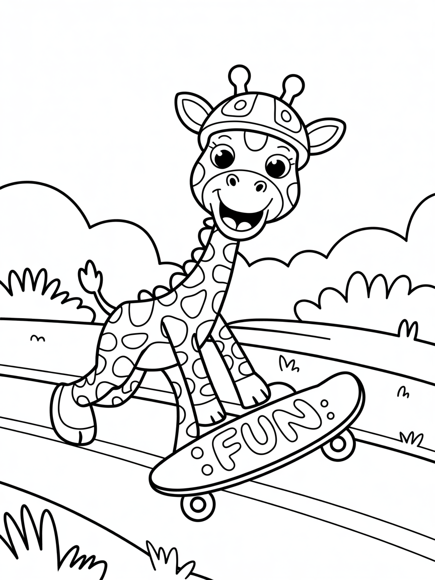 Giraffe on a skateboard adventure - Free Coloring Page