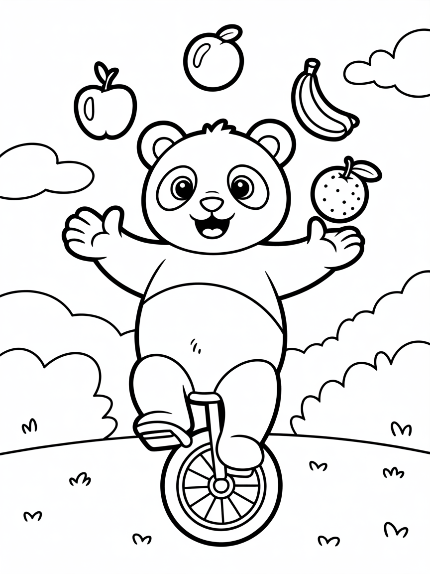 Panda riding a unicycle juggling fruit - Free Coloring Page
