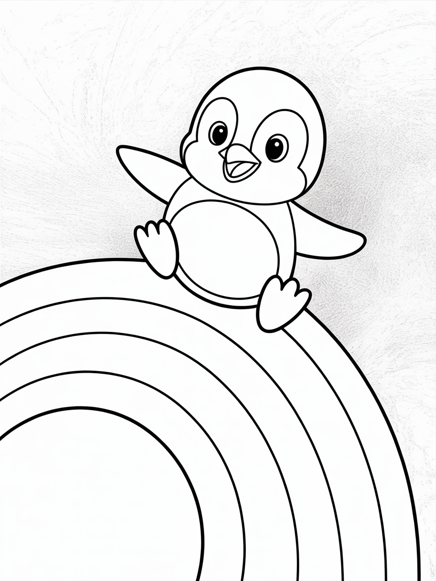 Penguin sliding down a rainbow - Free Coloring Page