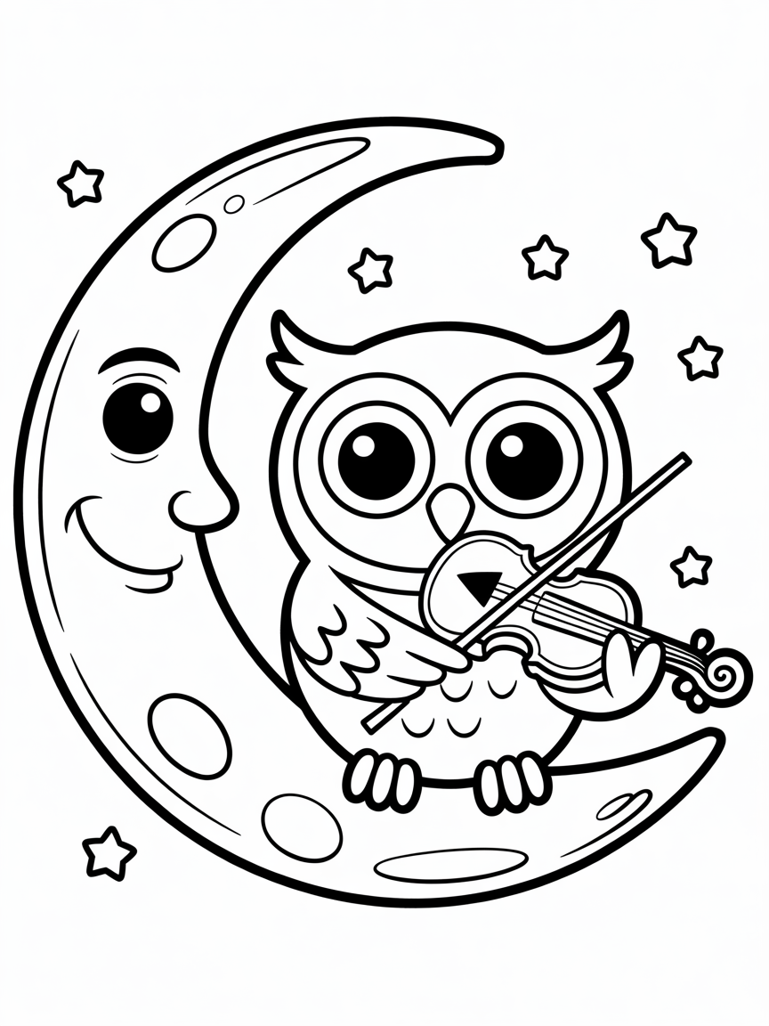 Moonlit owl playing the violin - Free Coloring Page