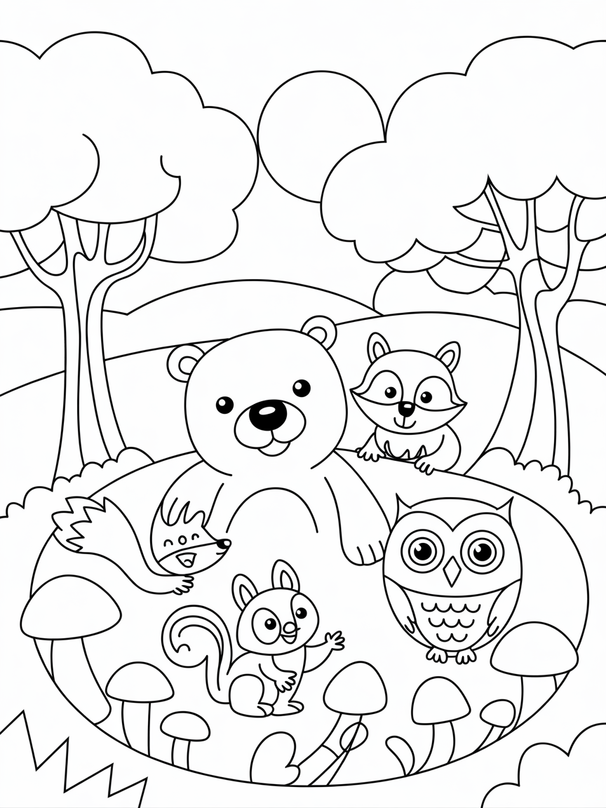 Forest cartoon with the animals in it - Free Coloring Page