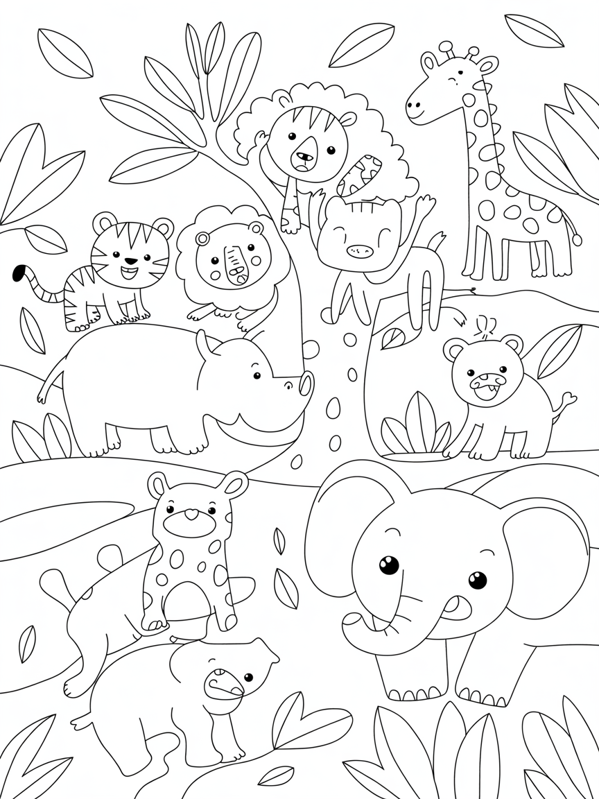 Forest cartoon with the animals like tiger lion giraffe rhinoceros hippopotamus bear fox elephant - Free Coloring Page