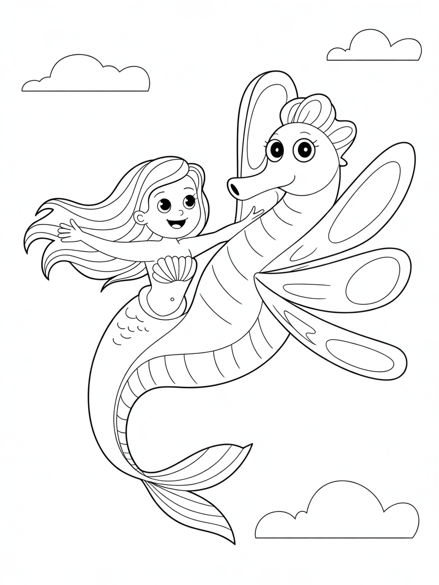 Mermaid riding a flying seahorse - Free Coloring Page