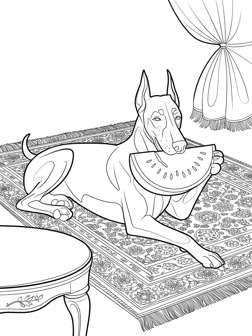 Lazy Dobermann eating watermelon - Free Coloring Page