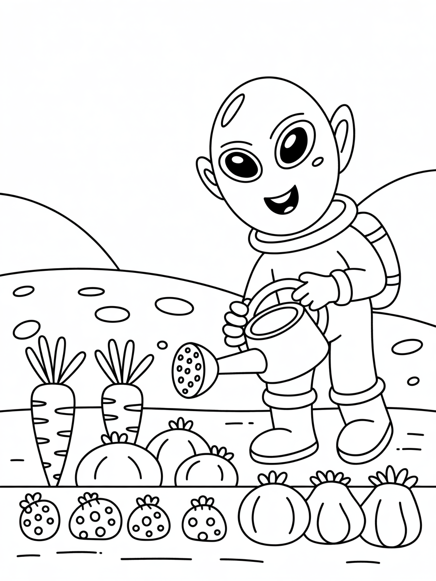 Alien space farmer with moon vegetables - Free Coloring Page