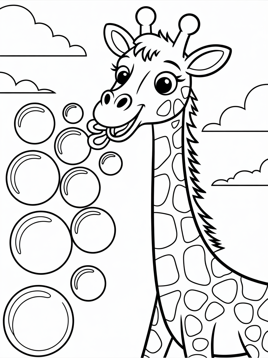 Giraffe blowing rainbow bubbles - Free Coloring Page