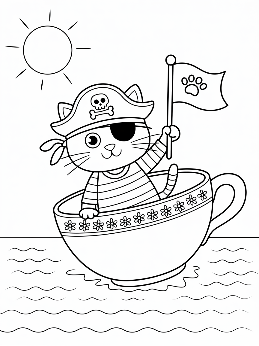 Pirate cat sailing in a teacup - Free Coloring Page