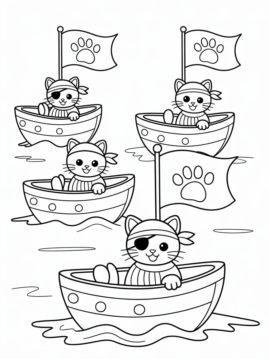 Pirate kittens sailing on cheese boats - Free Coloring Page
