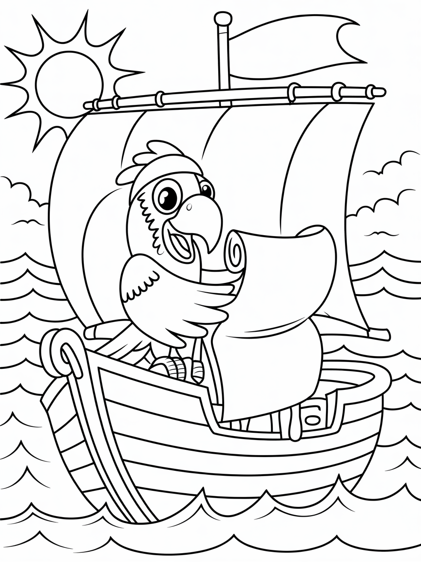 Pirate parrot steering a treasure map - Free Coloring Page
