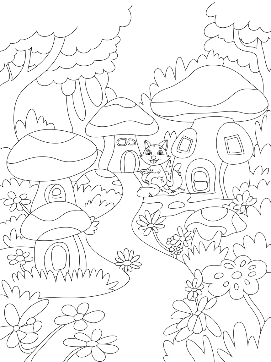 Fantasy enchanted forrest with a tiny fox in the middle of a village filled with big mushroom houses. - Free Coloring Page