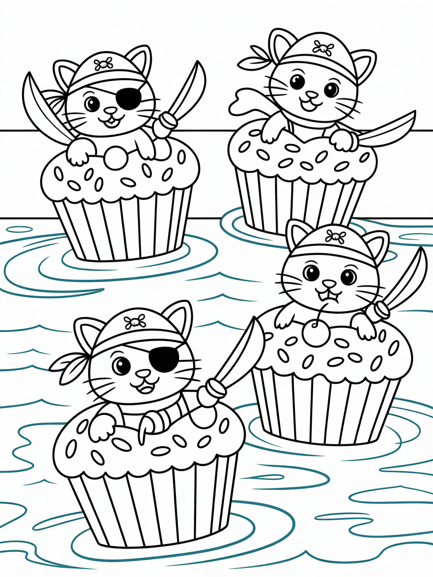 Pirate cats sailing on cupcakes - Free Coloring Page