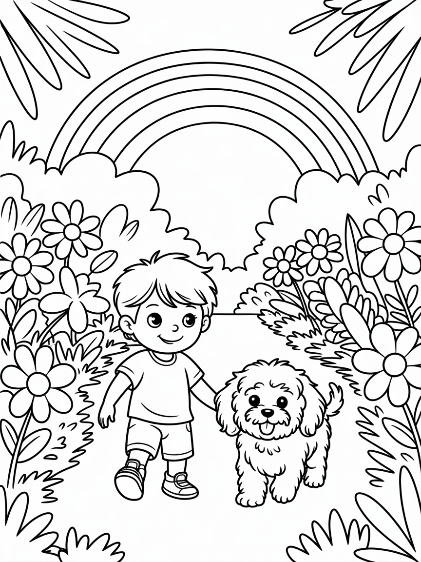 A day out with my cavapoo in a rainforest with flowers and sunshine and rainbows we walk on. Enid Blyton art style - Free Coloring Page