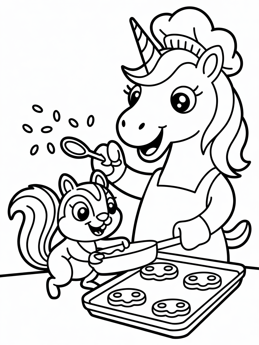 Unicorn baking cookies with a squirrel - Free Coloring Page