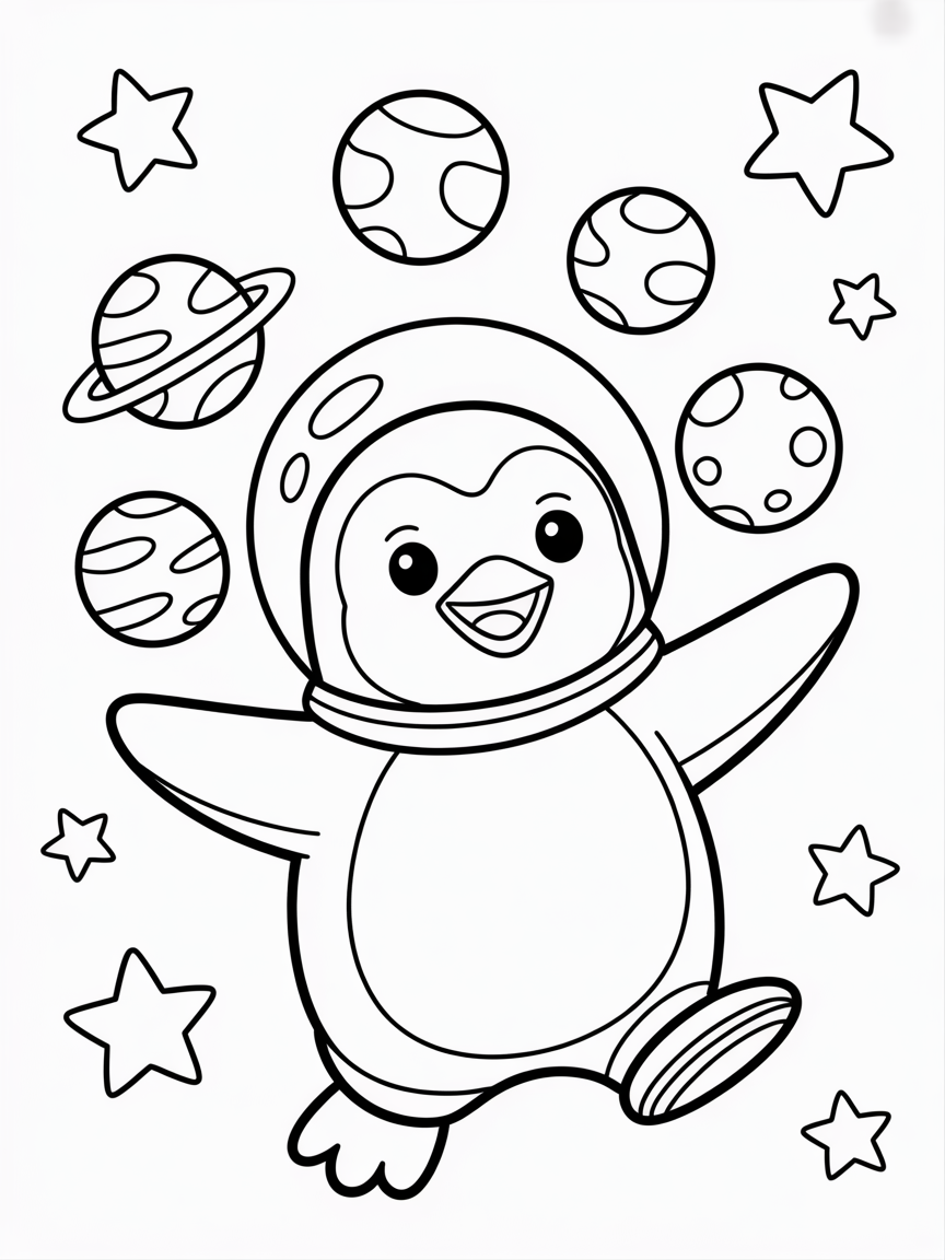 Astronaut penguin juggling planets - Free Coloring Page