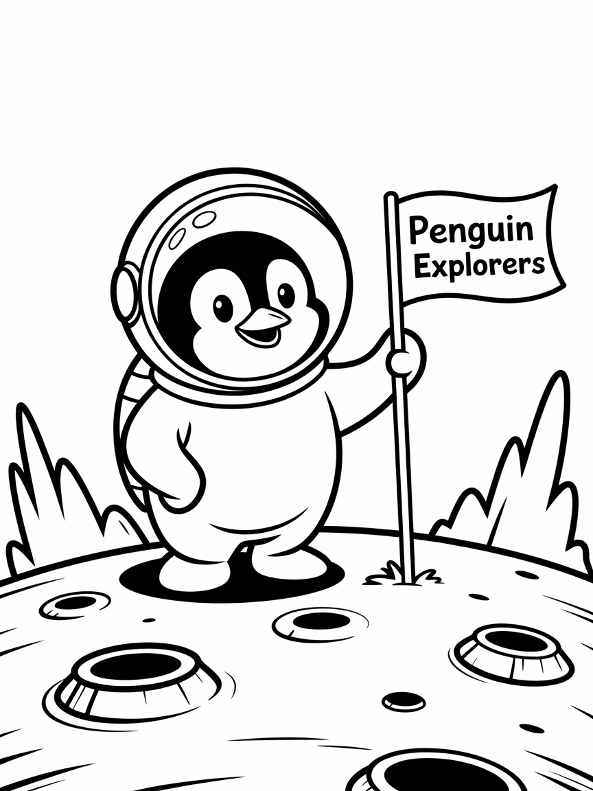 Astronaut penguin exploring the Moon - Free Coloring Page